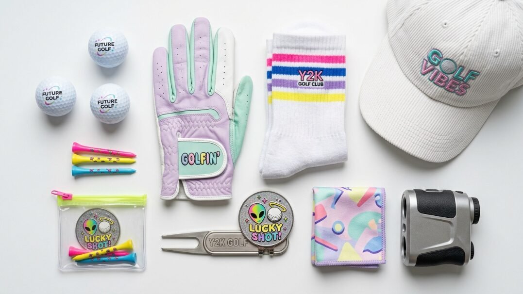 Top-down view of golf balls, pastel glove, y2k socks, hat, and patterned accessories on white.