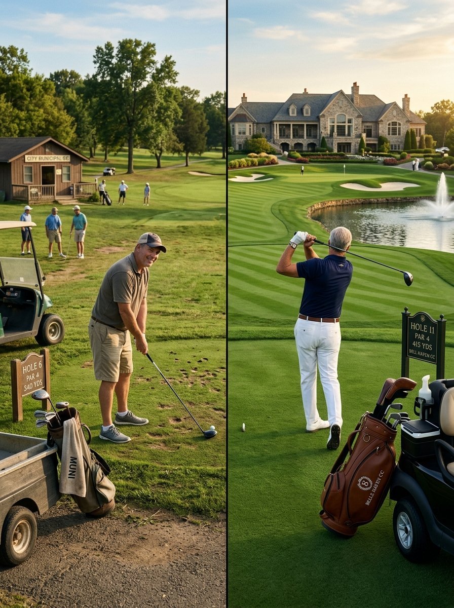 A comparison showing a casual muni golf hole on the left and a golfer at an upscale private country club on the right.