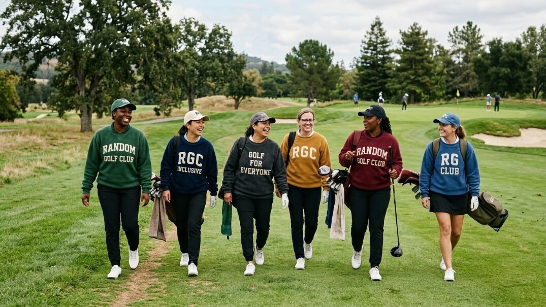 Six smiling women in colorful branded sweaters carry golf bags while walking down a grassy fairway.