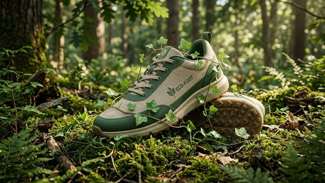 A beige and green eco-foot sneaker entwined with small green ivy vines on a mossy forest ground.