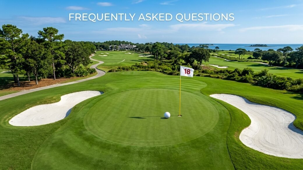 Aerial view of a sunny golf course putting green with a white ball near the pin marked 18 and coastal scenery.
