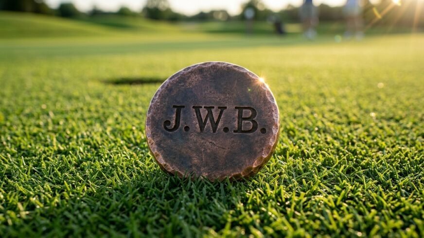 Round bronze golf ball marker with initials J.W.B. resting on putting green grass.