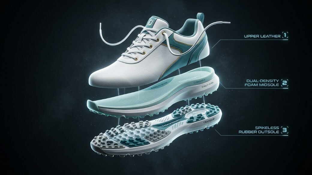 Exploded diagram of a white and teal golf shoe showing its leather upper, foam midsole, and rubber outsole layers.