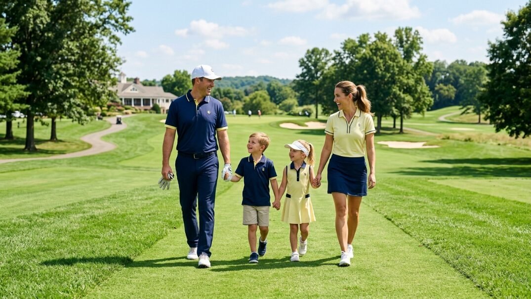 Father, mother, young son, and daughter walking hand-in-hand down a lush green golf fairway.