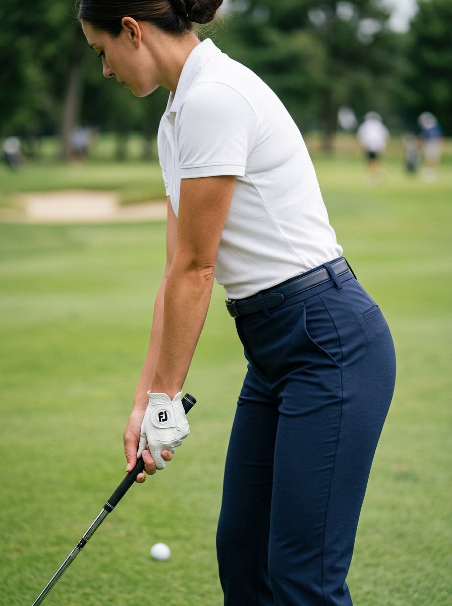 Side profile of a woman wearing a white golf shirt and navy pants holding a golf club on a green course.
