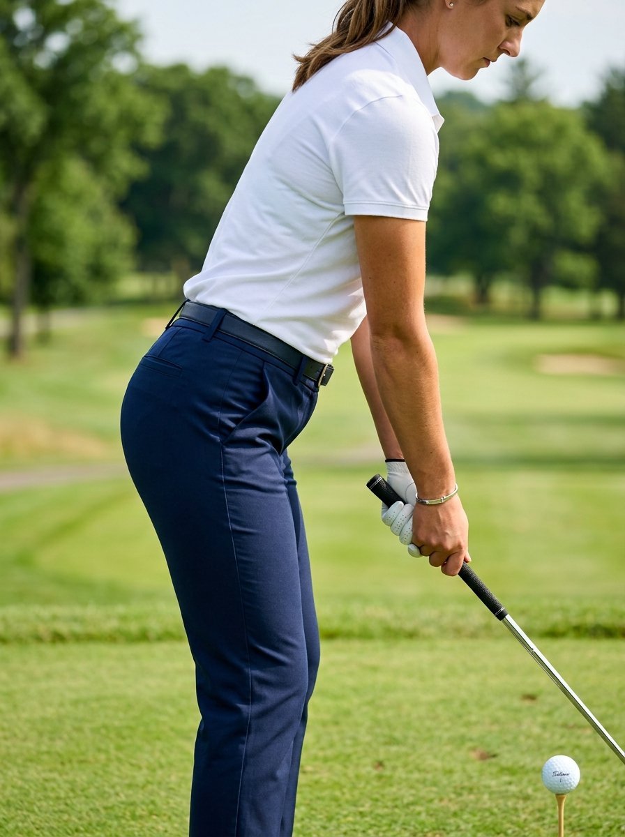 Profile view of a female golfer wearing a white polo shirt and navy pants about to hit a ball on a tee.