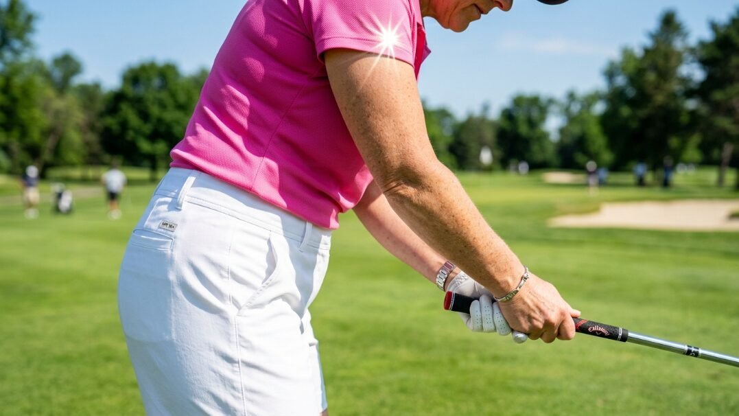 Close-up of a golfer in a pink polo holding a club on a sunny green course.