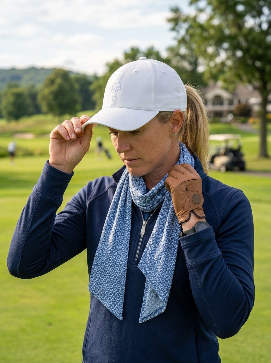 A woman in a blue golf sweater wearing a white hat and a patterned blue scarf on a golf course.