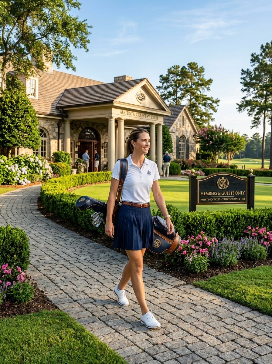 Woman in golf attire carrying clubs past a members only sign at a stone clubhouse.