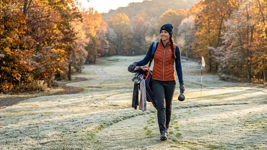 A smiling woman in a vest and beanie carries a golf bag across a frosty fairway surrounded by colorful fall trees.