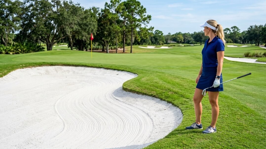 A blonde woman in athletic blue apparel looking at the green near a white sand bunker.