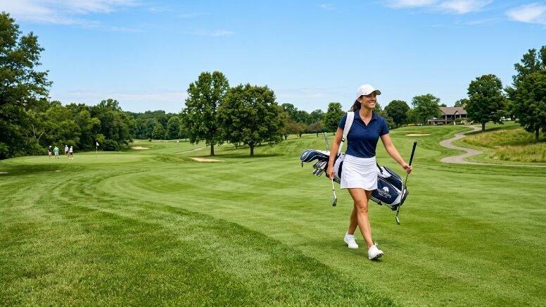 Golfer wearing a white cap and skirt walking on a sunny fairway with her clubs.