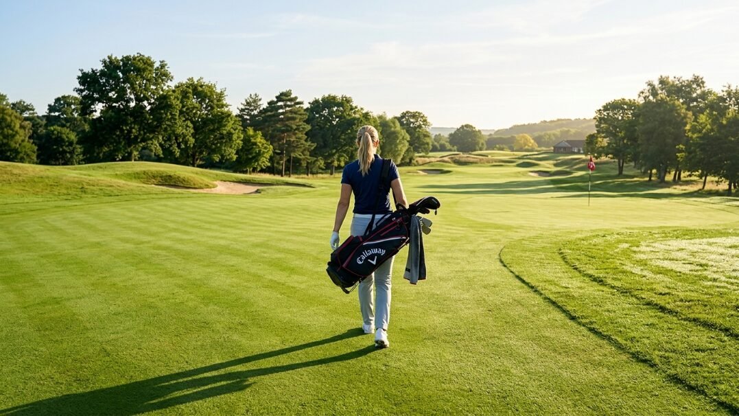 Blonde woman walking on a lush green golf course carrying a black Callaway equipment bag over her shoulder.