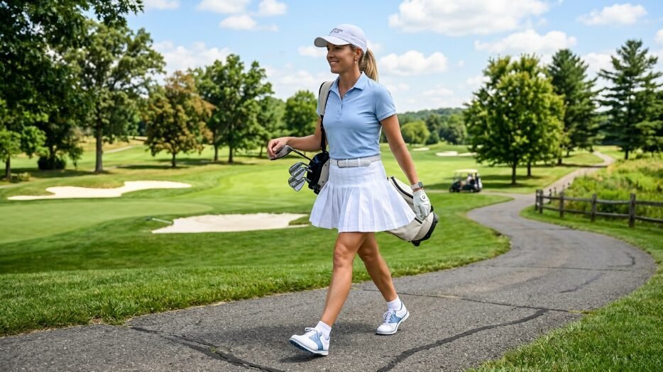 A female golfer in a light blue polo and white pleated skirt walks down a paved path while carrying her golf bag.