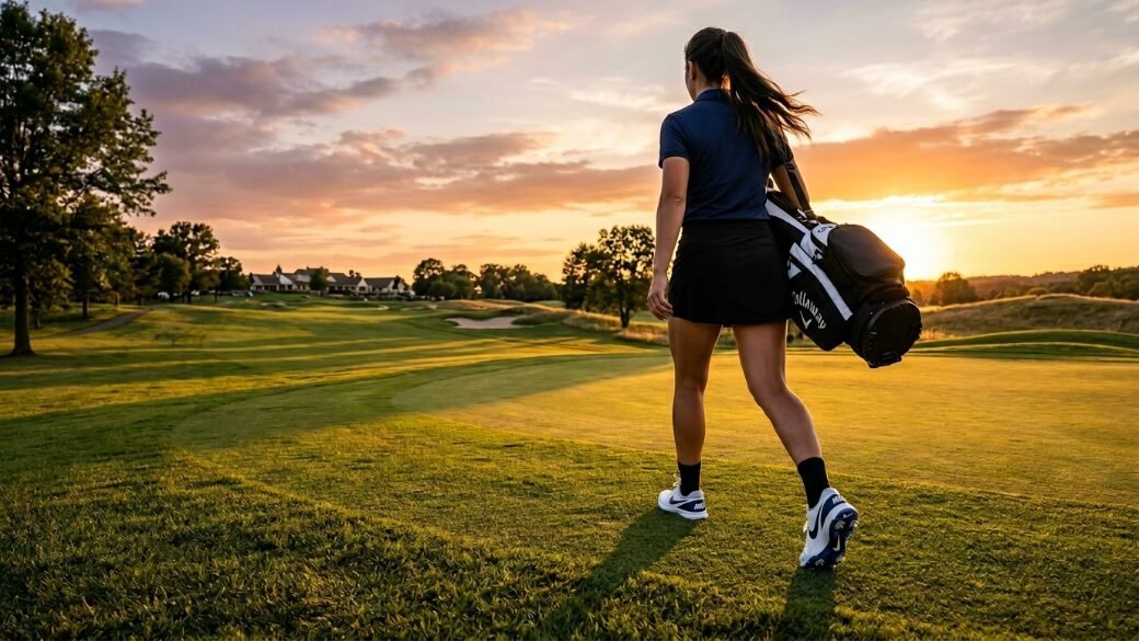 A woman carrying a black golf bag walks along a lush green course during a golden sunset.