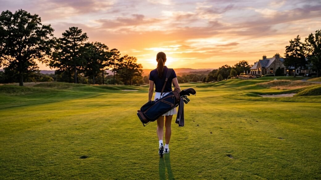 A female golfer carrying her clubs across a green fairway during a vibrant orange sunset.