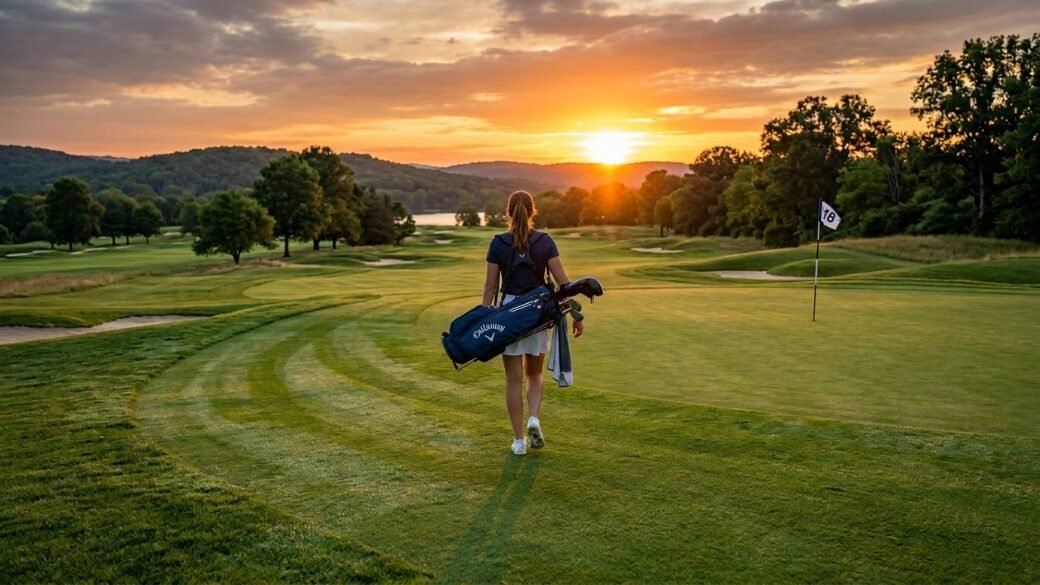 Golfer carries a blue bag across a scenic course towards a flag marked with the number eighteen at sunset.