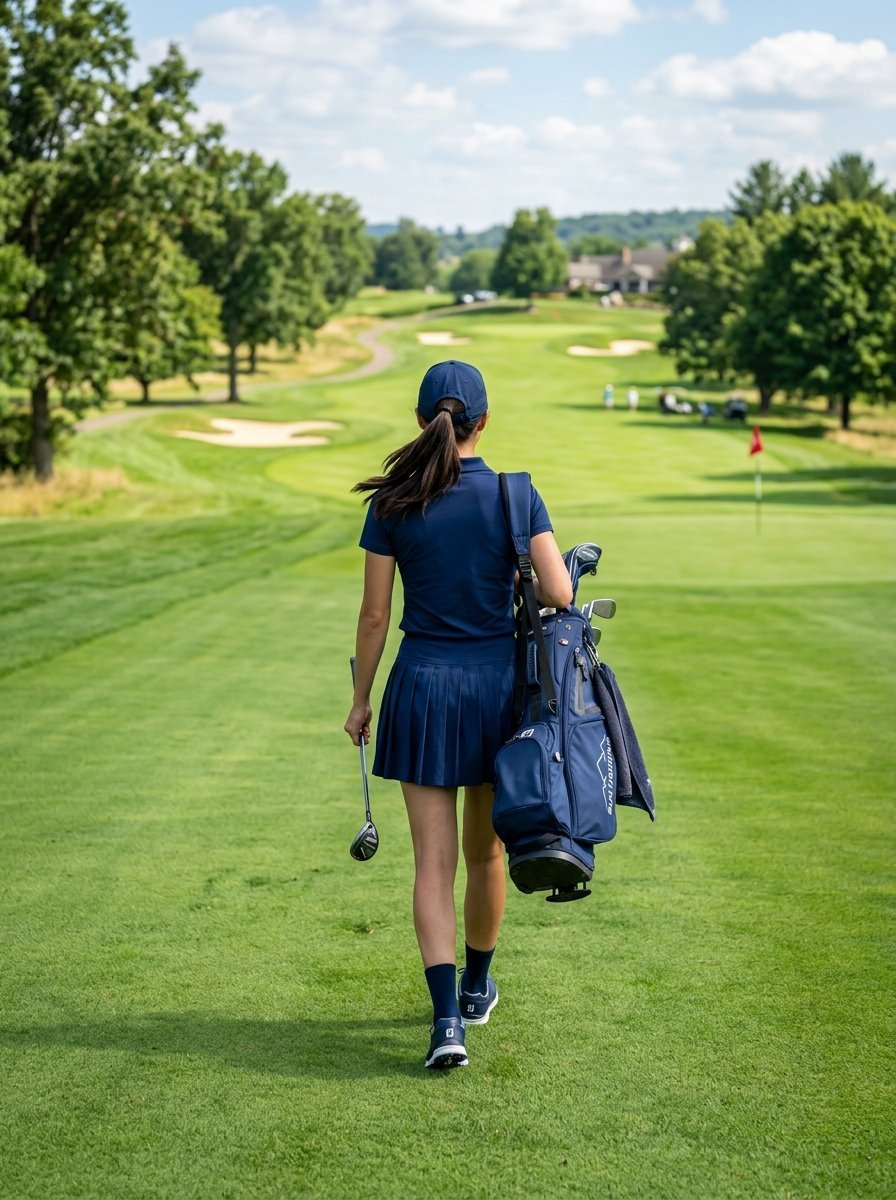 Golfer in a blue outfit and cap walks away from the camera while carrying a large blue golf bag.