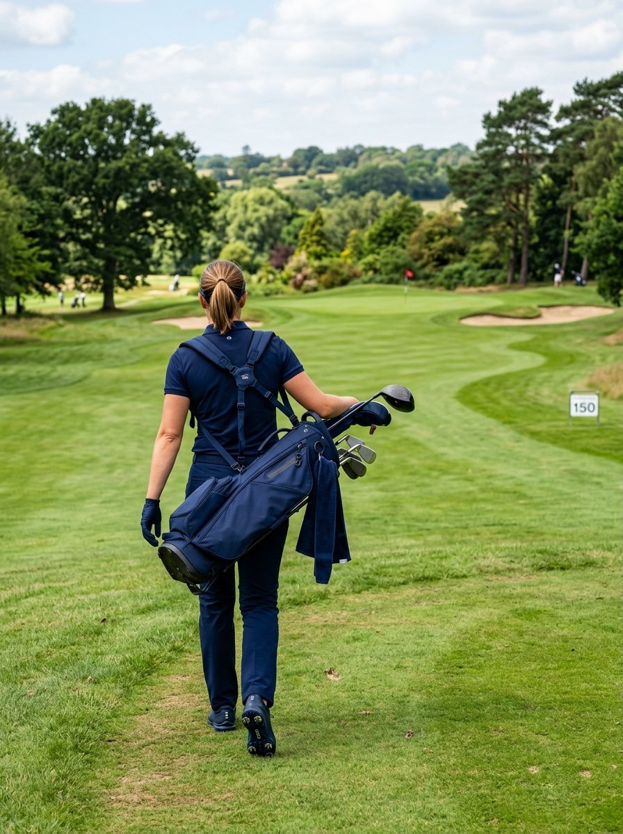 A golfer in a navy outfit walks away from the camera across a scenic golf course.