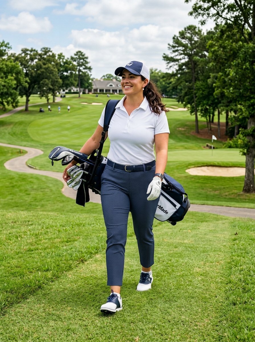 A woman in a white polo and patterned pants carries a golf bag across a sunny course.