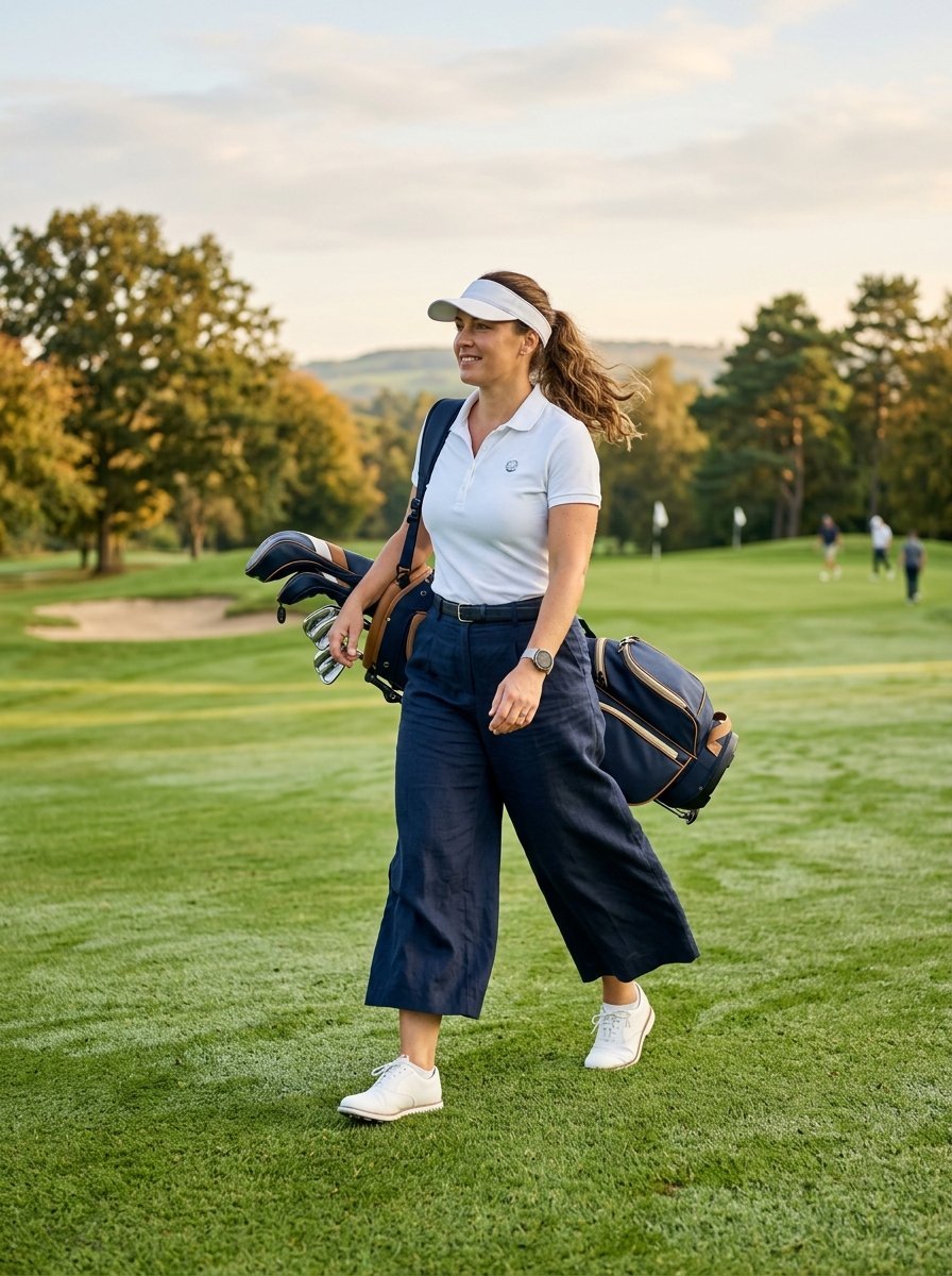 A smiling woman in a white visor and golf attire carries a navy blue golf bag while walking on a grassy course.