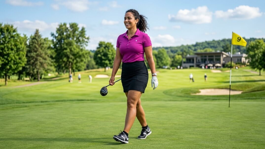 Female golfer in a pink shirt and black skirt walking across a golf course carrying her club.