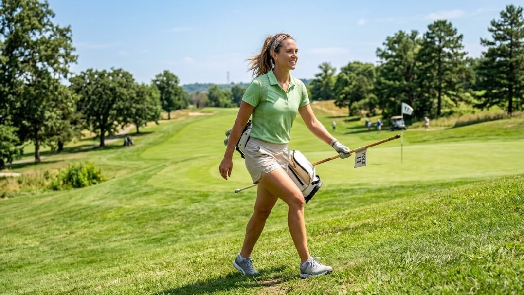 Smiling female golfer in a light green polo shirt walking up a grassy hill with a golf bag and alignment sticks.
