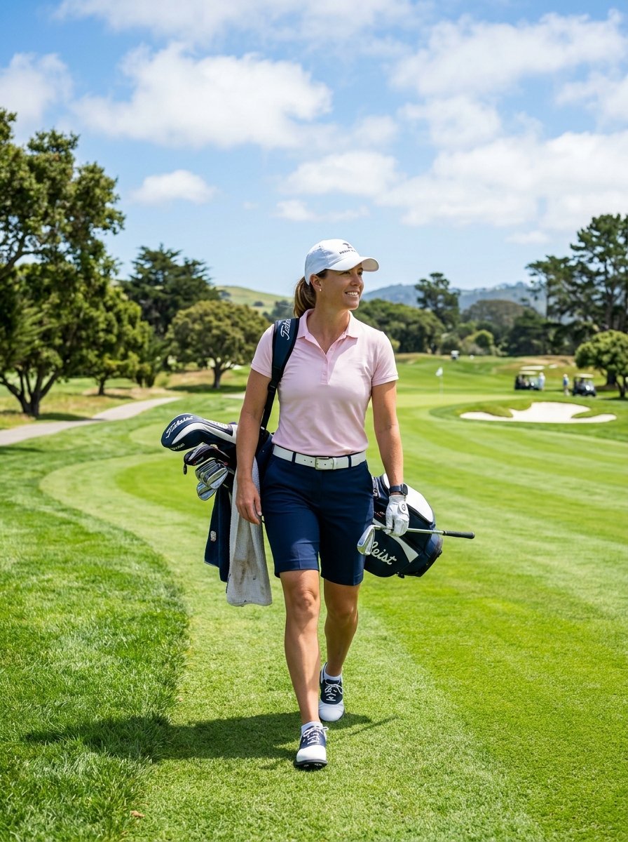 A woman in a pink polo shirt and navy shorts carries a golf bag across a green fairway under a blue sky.