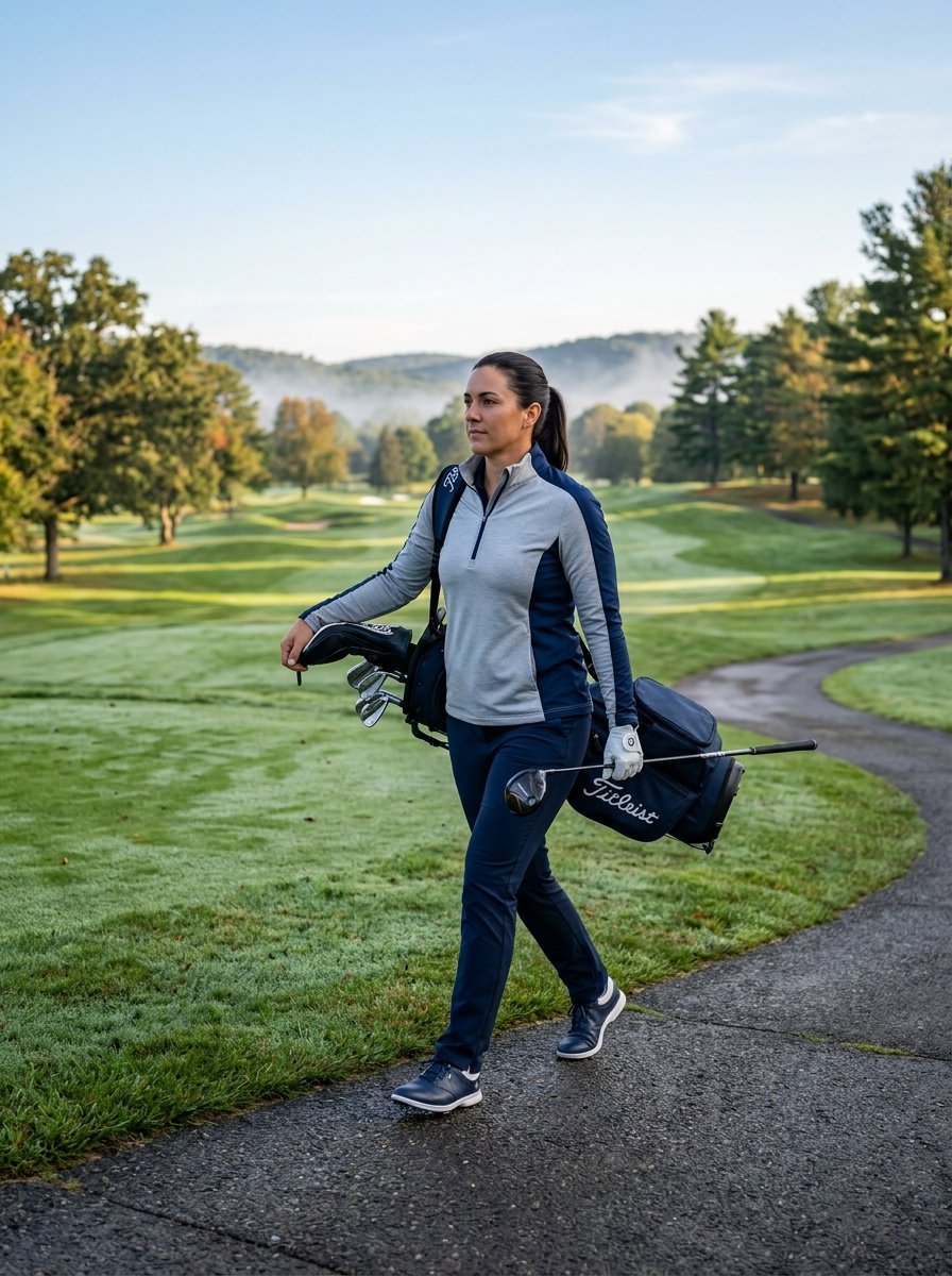 A woman in athletic wear carries a Titleist golf bag while walking on a path at a foggy golf course.