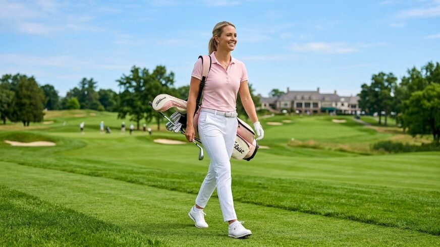 A blonde woman in a pink polo shirt and white pants carries a Titleist golf bag across a green fairway.