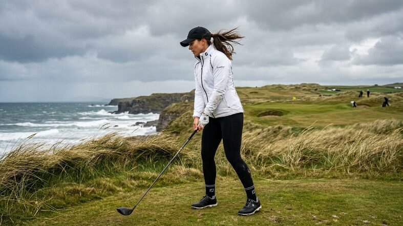 A woman in sportswear holds a golf club while standing on a grassy clifftop course overlooking the ocean.