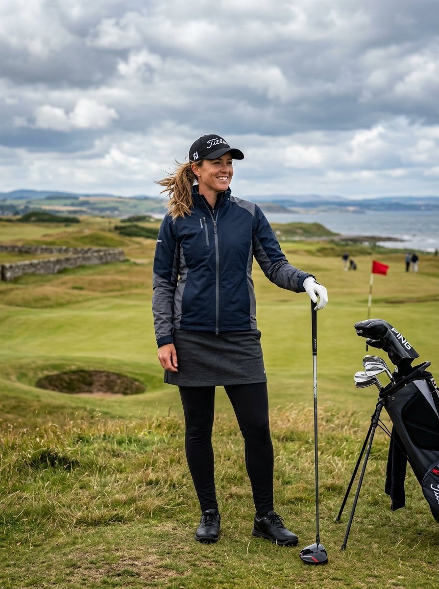 Smiling woman in a golf jacket and hat standing next to her golf clubs on a course overlooking the ocean.