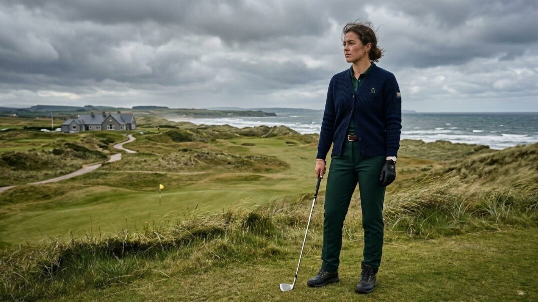 A woman in a navy cardigan and green trousers holding a golf club on a coastal course with stormy clouds.