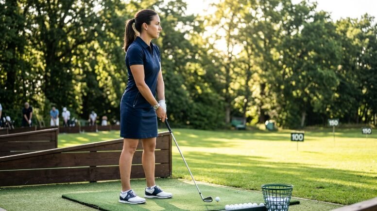 Golfer in a dark blue athletic dress standing on a green mat at an outdoor driving range.