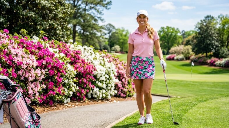 Golfer in a pink shirt and floral skirt holding a club near a colorful flower hedge.