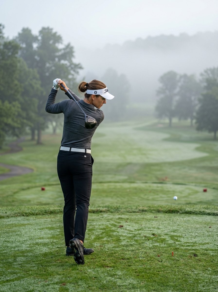 A female golfer in a dark outfit follows through on a swing on a dew-covered, foggy morning tee box.