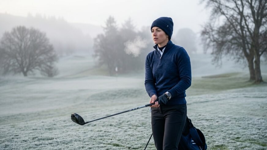 A woman wearing a beanie and sweater holding a golf club on a frozen grass fairway.