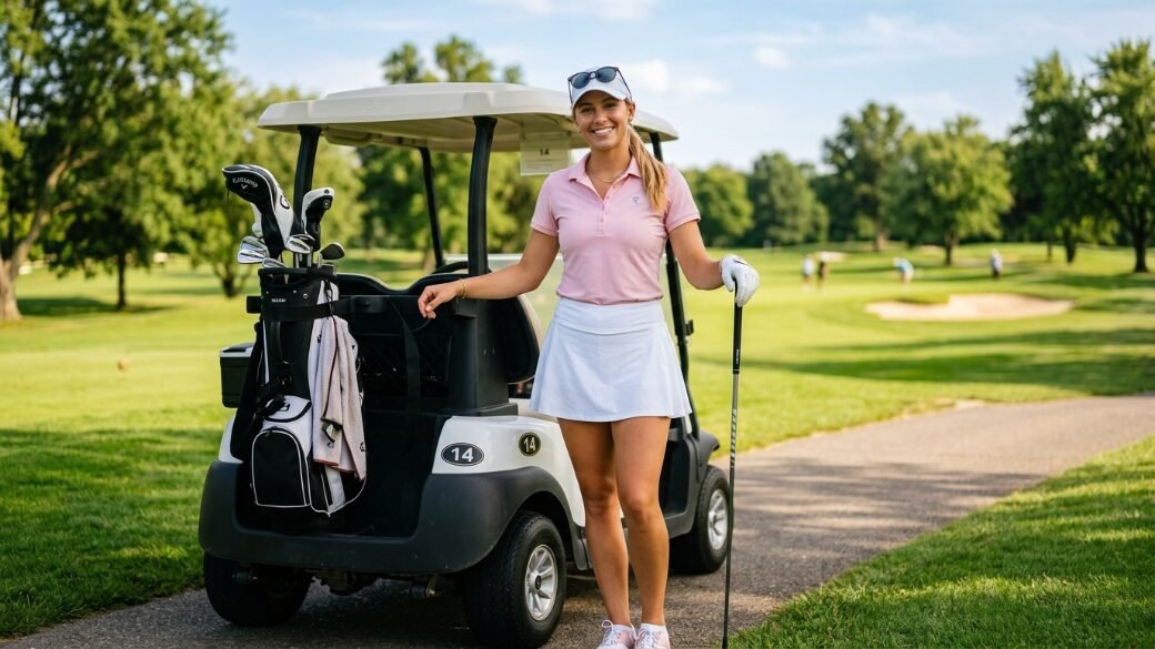 A blonde female golfer standing on a sunny golf course path next to a parked cart with clubs.