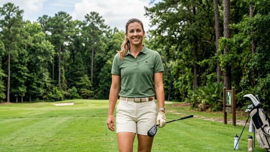 A golfer holding a club, wearing a green polo and khaki shorts, posing on a course.