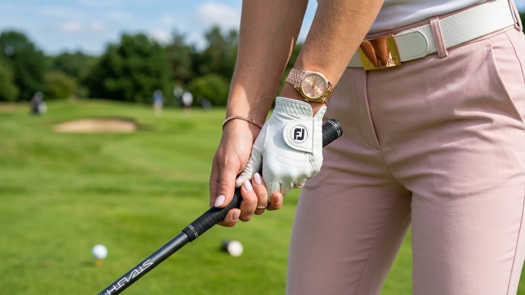 Close-up of a golfer's hands gripping a club, wearing a white FJ glove, rose gold watch, and light pink pants.