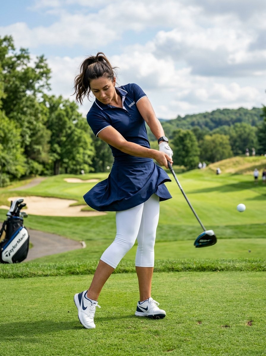 A woman golfer wears a navy polo and skirt while swinging a club at a sunny golf course.