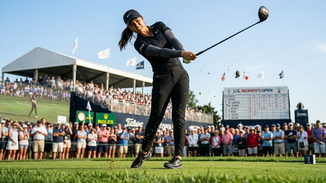 Female golfer wearing black athletic gear following through on a swing during a tournament with fans in the background.