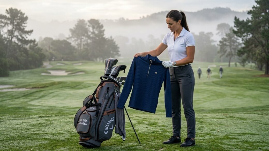 A woman in golf attire stands on a foggy fairway holding up a navy blue sweater next to her golf bag.
