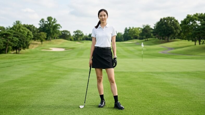A golfer wearing a white polo and black skirt stands on the fairway holding a golf club.