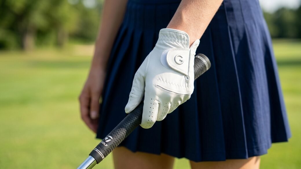 Close-up of a person in a navy pleated skirt gripping a golf club with a perforated white leather glove.