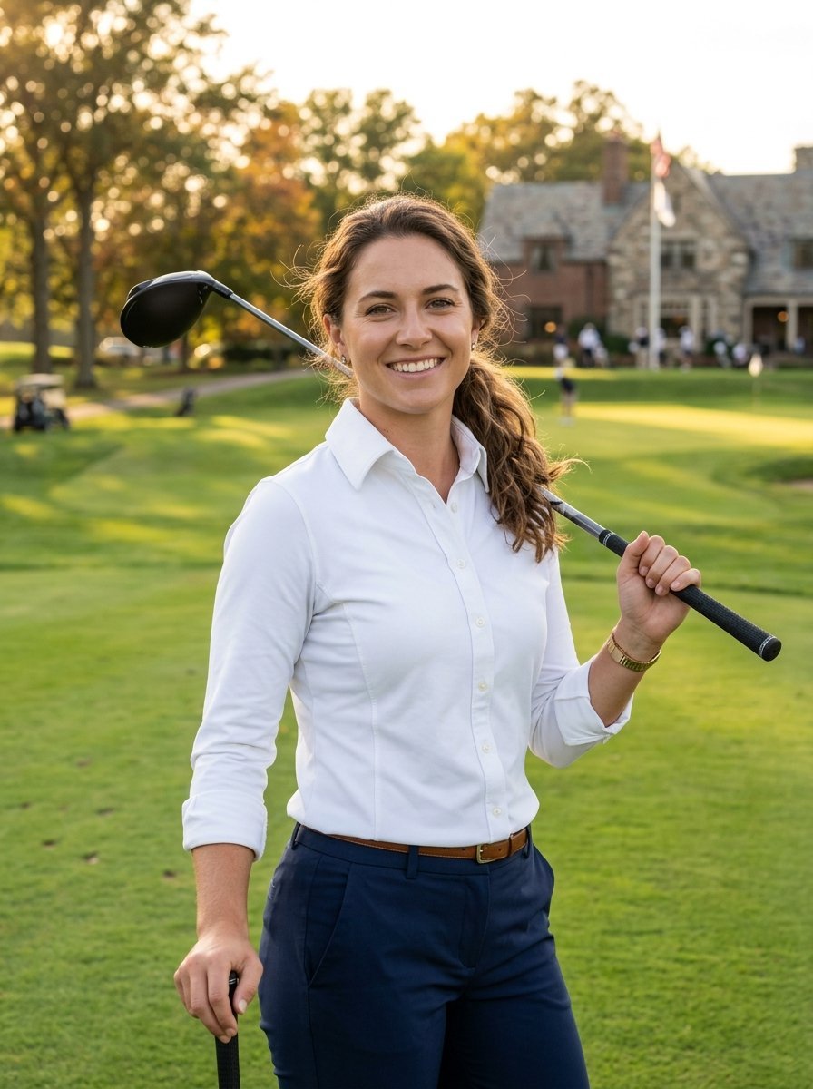A woman in a white shirt and navy pants carries a golf club across her shoulders on a sunny course.