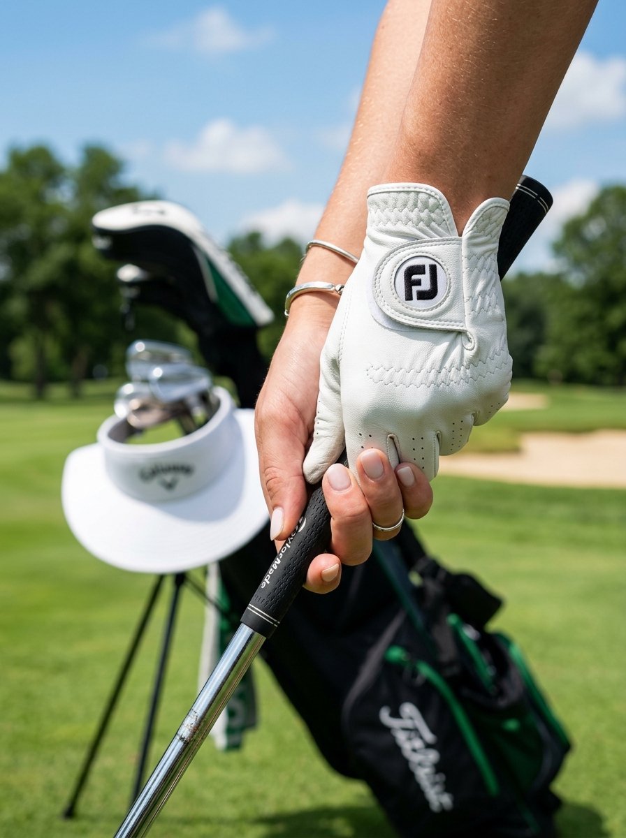 Close up of a female golfer's hand wearing a FootJoy glove on a green course with golf bag.