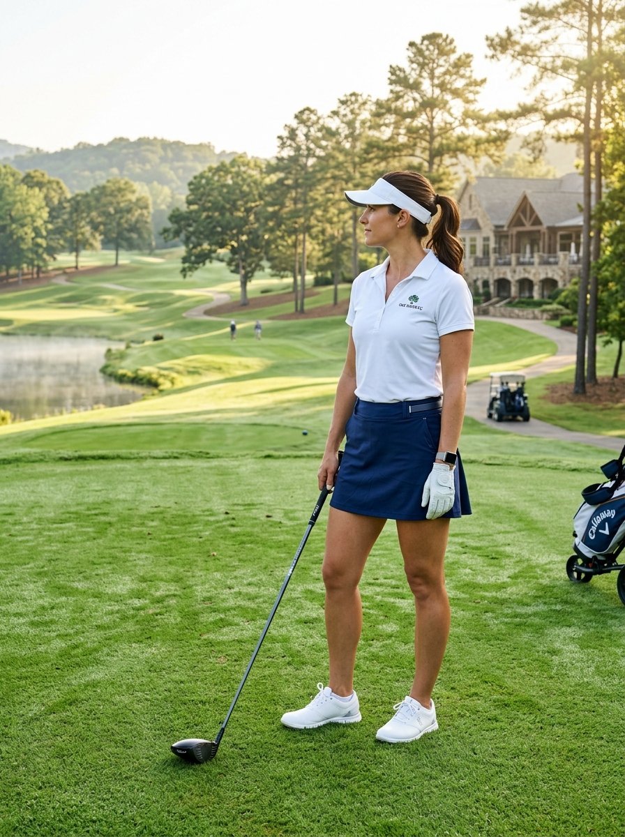 Female golfer wearing a visor and white polo shirt holding a driver on a sunny golf course fairway.
