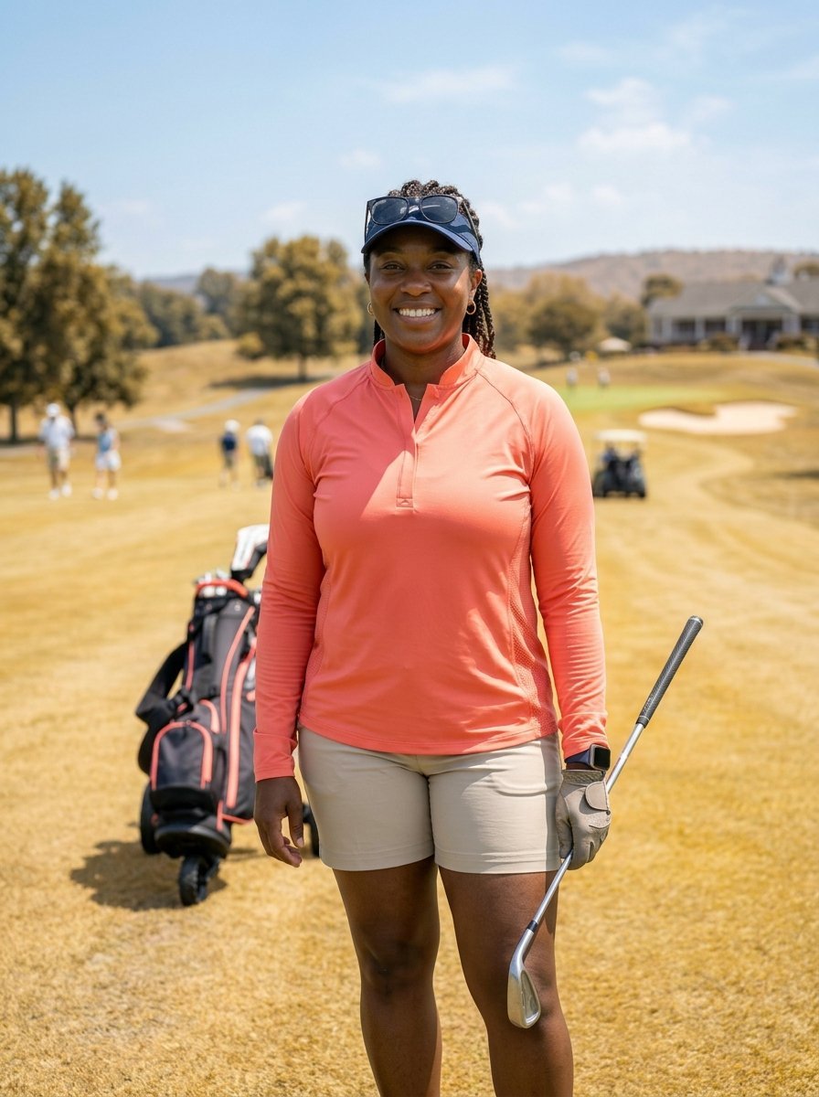 A happy woman in a peach shirt stands on a dry golf course holding a club with a golf bag in the background.
