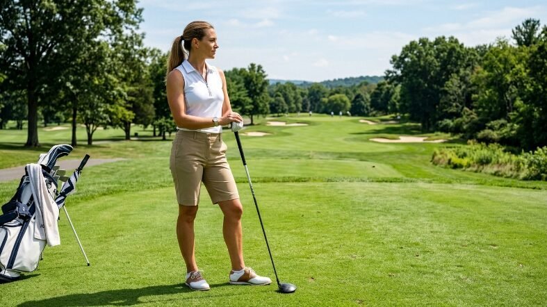 Woman in white shirt and tan shorts holding a driver on a sunny golf course